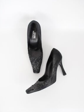 Versace Black Embellished Square Toe Heels
